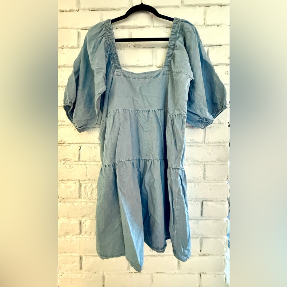 Light Blue Denim Puff Sleeve Tiered Dress L